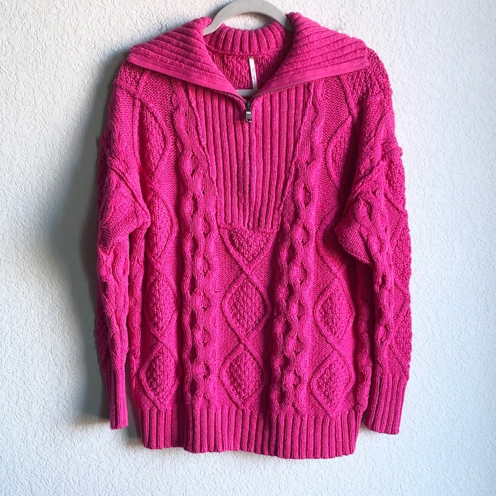 Free People Driftwood Cable Knit Polo Sweater Pink Zip Funnel Neck Oversized